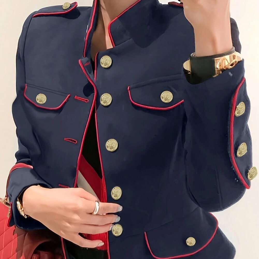 Navy Blue Casual Women's Single Breasted Color Block Long Sleeve Jacket